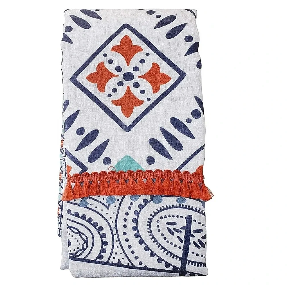 BH&G Global Elephant Shower Curtain Navy Blue Orange Fringe Tassel Boho NWOT